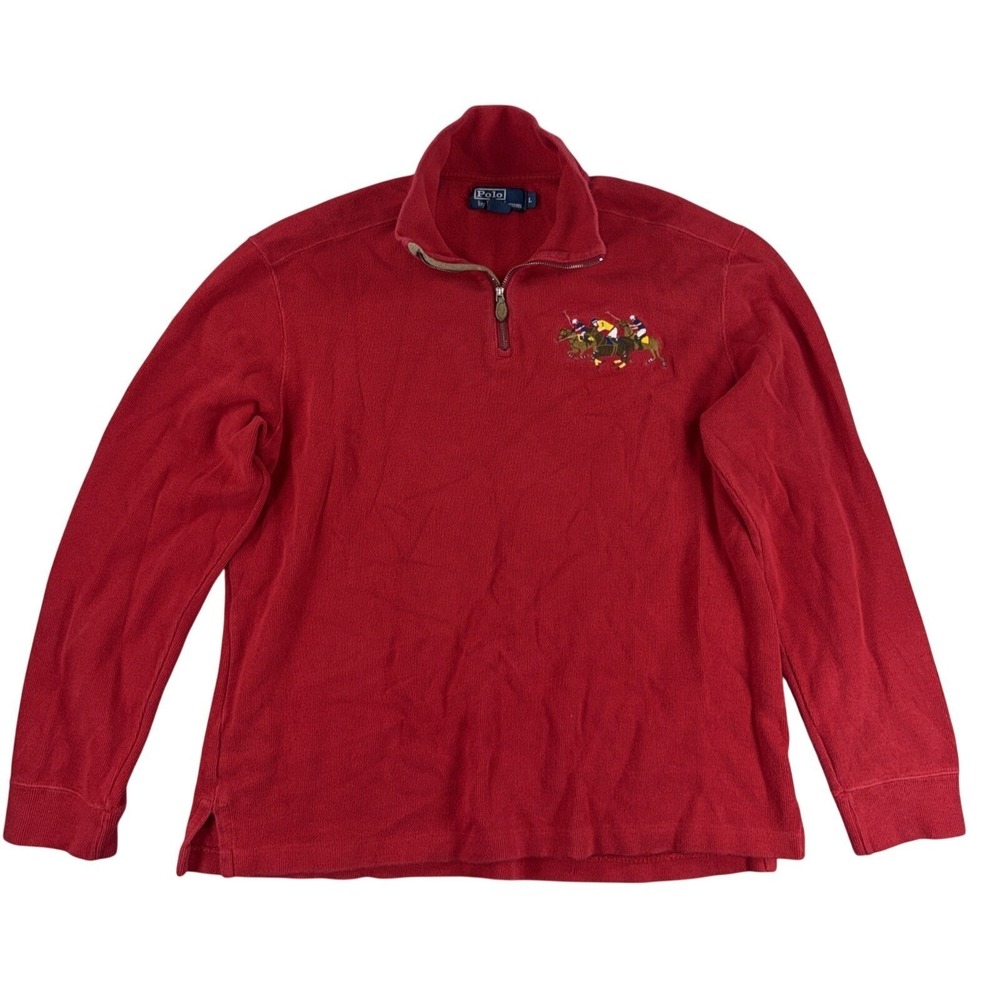 Polo Ralph Lauren 1/4 Zip Pullover Red Men's Large Equestrian Horse Rider Logo